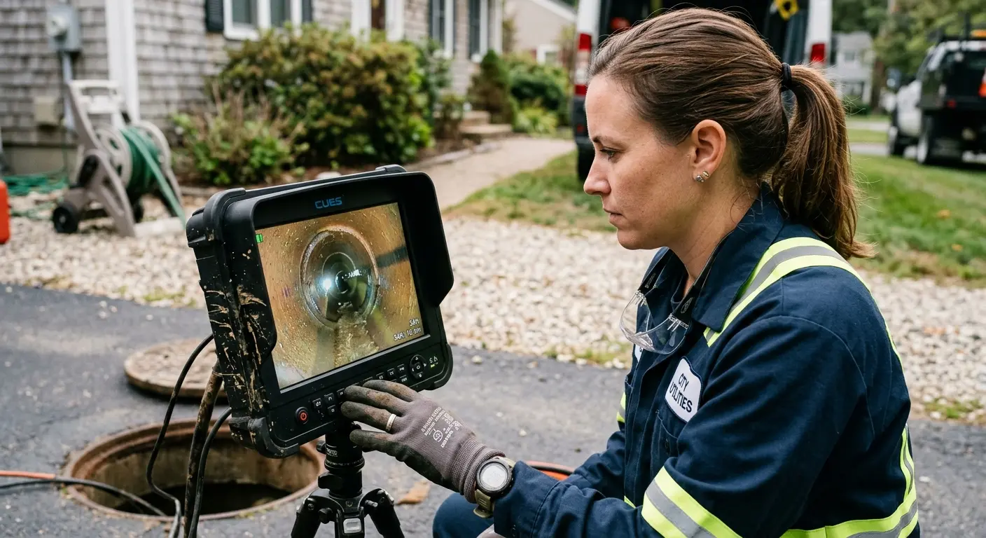 Technician reviewing sewer camera inspection footage in Leonardtown