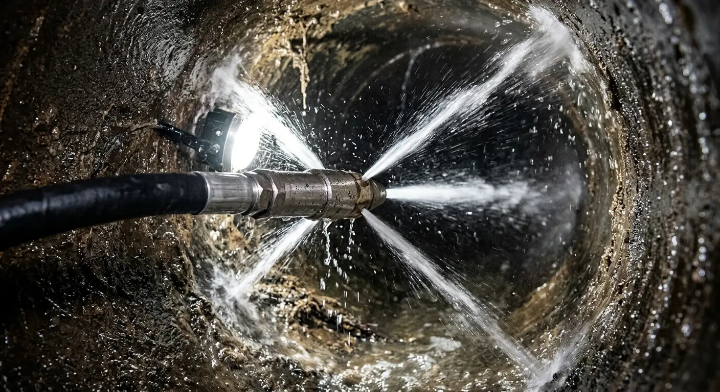 High-pressure hydro jetting nozzle cleaning sewer pipe for Sewer Cleanout in Leonardtown