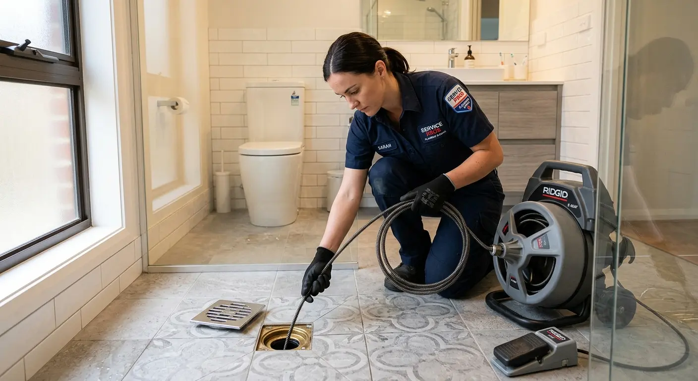 Technician clearing a bathroom floor drain for Clogged Drain Repair in Leonardtown